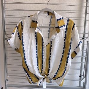 New Without Tags - Cropped Mustard Yellow, White & Navy Blue Blouse